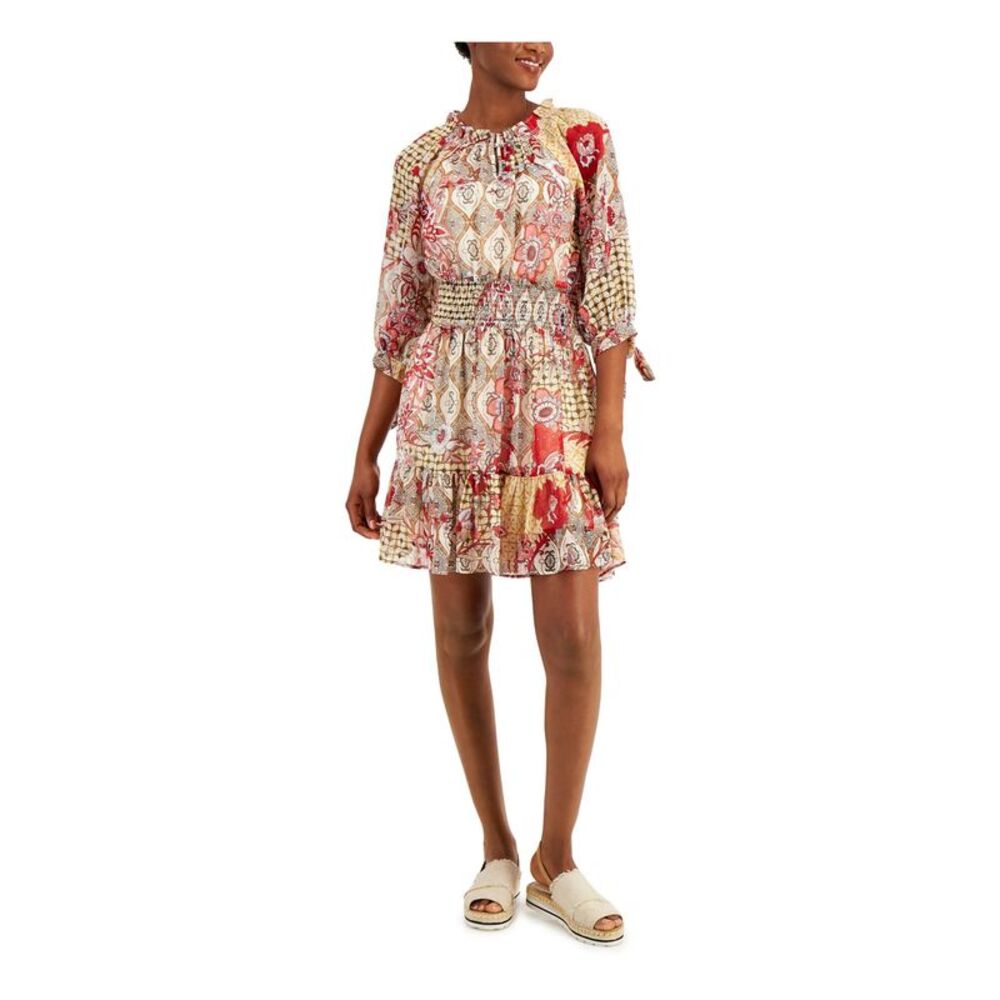 NWT TOMMY HILFIGER Womens Beige Mock Neck Short Party Fit + Flare Dress M